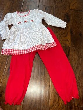Girls Red & White Holiday Two-Piece Outfit with Smocked Santas